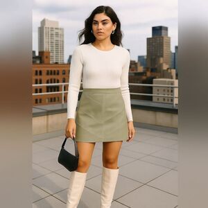 NWT ZARA Sz L Sage Green Faux Leather Suede Panel Mini Skirt A-Line Modern City